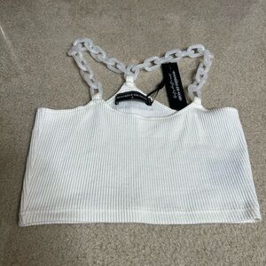 MANIERE DE VOIR WHITE RIBBED CROP TOP WITH ACRYLIC STRAP CHAINS SZ 8 UK SMALL